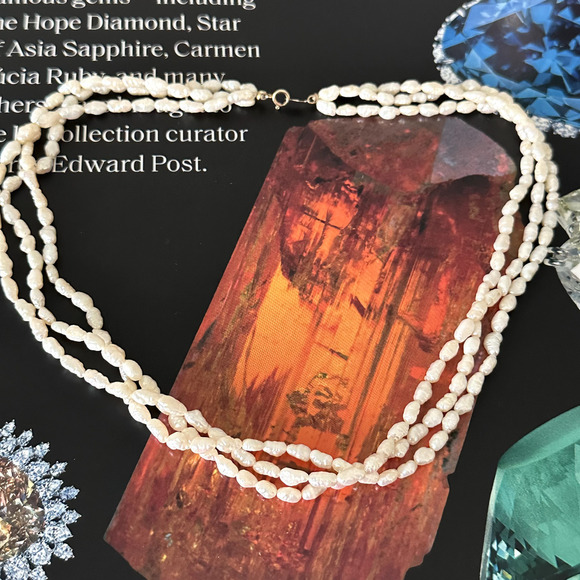 14K Yellow Gold Genuine Cream Pearl Triple Strand Multi Row Necklace 16" - Picture 9 of 10